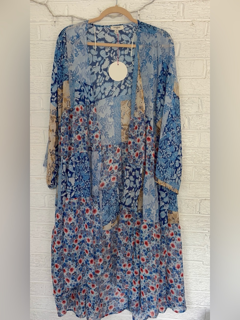 Umgee Blue Floral Patchwork 3/4 sleeve Kimono - Picture 2 of 8